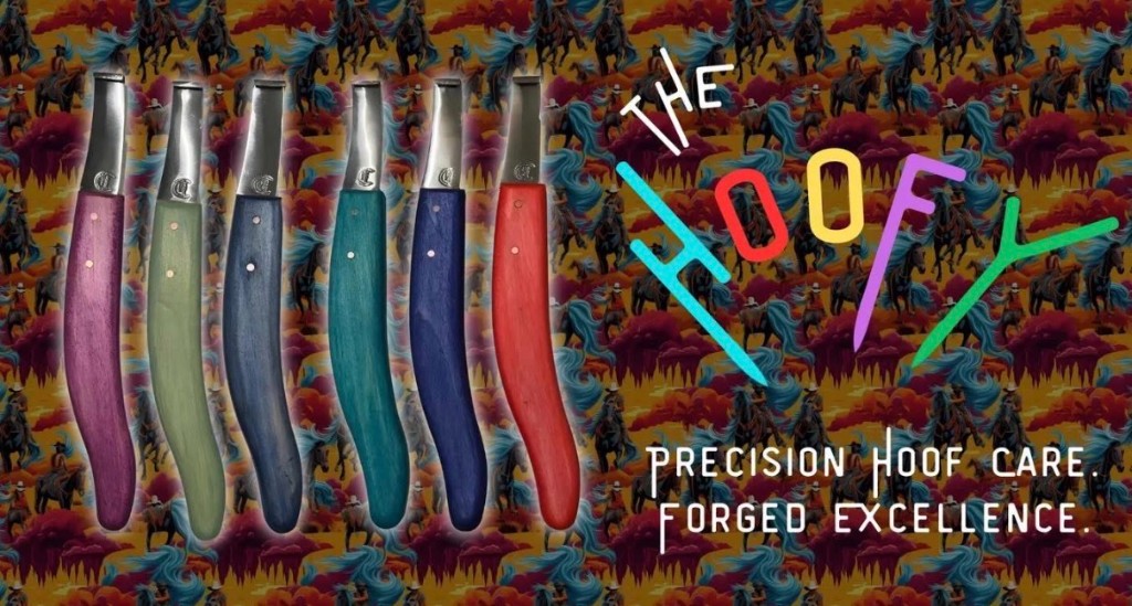 The Hoofy — six hoof knives with colorful wood handles; HOOFY logo and tagline Precision hoof care, forged excellence